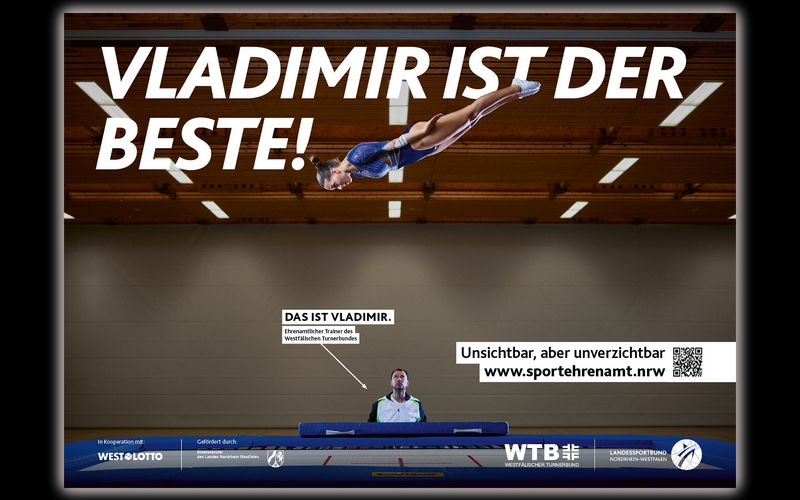 Motiv der Offensive #Sportehrenamt des LSB NRW, Headline „Vladimir ist der Beste“, Vladimir ist ehrenamtlicher Trainer beim Trampolinspringen.