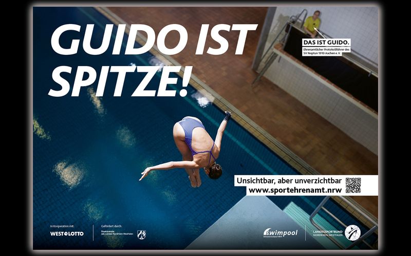 Motiv der Offensive #Sportehrenamt des LSB NRW, Headline „Guido ist spitze“, Guido ist ehrenamtlicher Mitarbeiter beim Turmspringen.